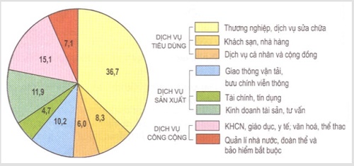 các nhóm dịch vụ tiêu dùng, dịch vụ sản xuất, dịch vụ công cộng 