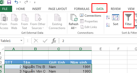 Hướng dẫn sắp xếp và lọc dữ liệu trong Excel 2013