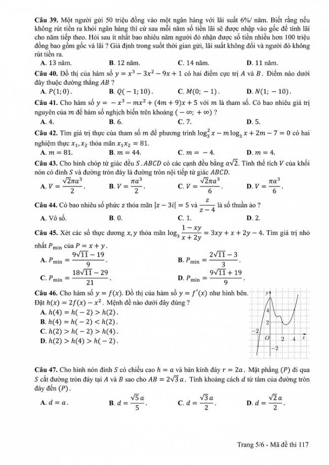 Đề và đáp án môn Toán mã đề 117 thi THPT quốc gia năm 2017 - đáp án của bộ GD-ĐT