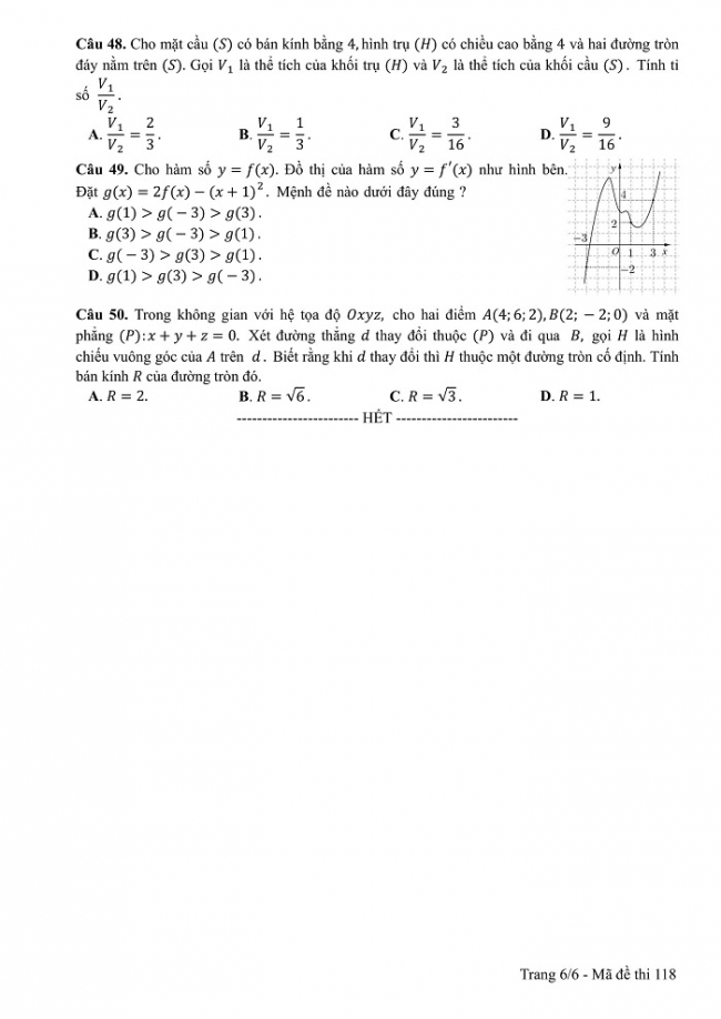 Đề và đáp án môn Toán mã đề 118 thi THPT quốc gia năm 2017 - đáp án của bộ GD-ĐT