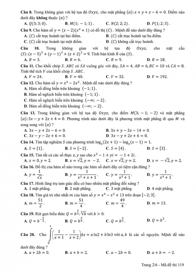 Đề và đáp án môn Toán mã đề 119 thi THPT quốc gia năm 2017 - đáp án của bộ GD-ĐT