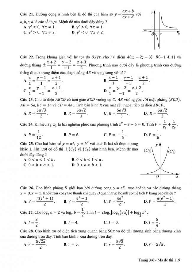 Đề và đáp án môn Toán mã đề 119 thi THPT quốc gia năm 2017 - đáp án của bộ GD-ĐT