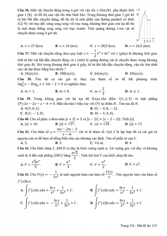 Đề và đáp án môn Toán mã đề 119 thi THPT quốc gia năm 2017 - đáp án của bộ GD-ĐT