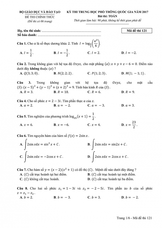 Đề và đáp án môn Toán mã đề 121 thi THPT quốc gia năm 2017 - đáp án của bộ GD-ĐT