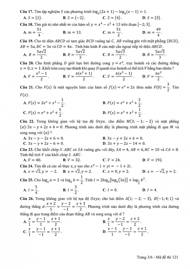 Đề và đáp án môn Toán mã đề 121 thi THPT quốc gia năm 2017 - đáp án của bộ GD-ĐT