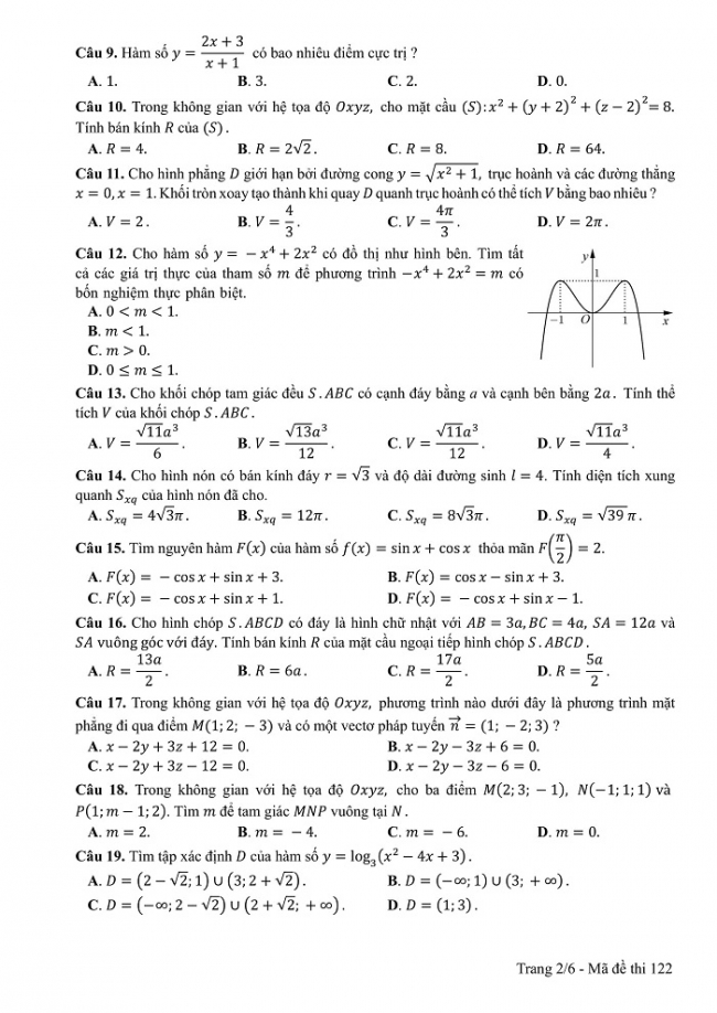 Đề và đáp án môn Toán mã đề 122 thi THPT quốc gia năm 2017 - đáp án của bộ GD-ĐT
