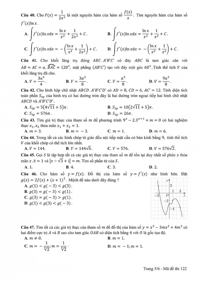 Đề và đáp án môn Toán mã đề 122 thi THPT quốc gia năm 2017 - đáp án của bộ GD-ĐT