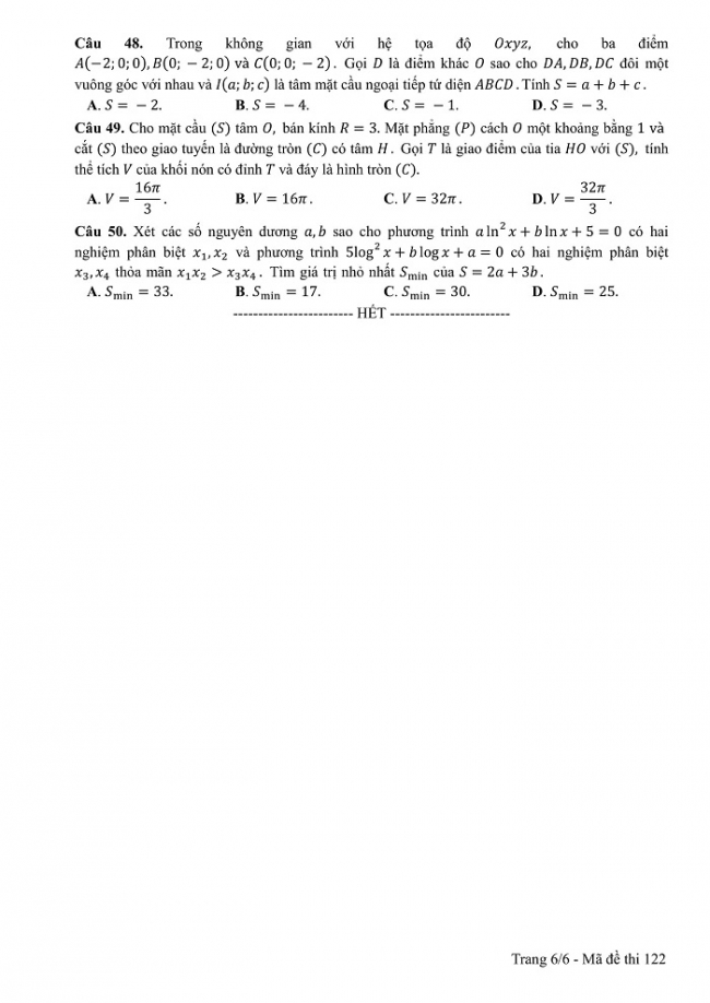 Đề và đáp án môn Toán mã đề 122 thi THPT quốc gia năm 2017 - đáp án của bộ GD-ĐT