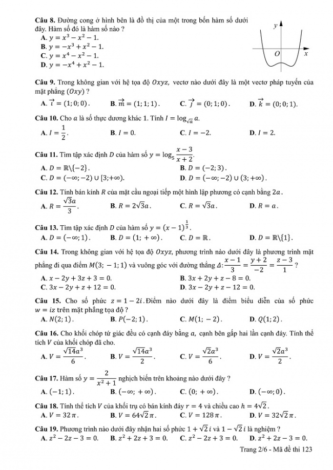 Đề và đáp án môn Toán mã đề 123 thi THPT quốc gia năm 2017 - đáp án của bộ GD-ĐT