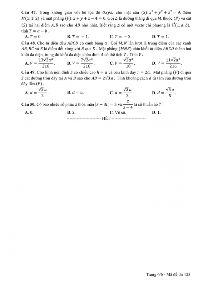 Đề và đáp án môn Toán mã đề 123 thi THPT quốc gia năm 2017 - đáp án của bộ GD-ĐT