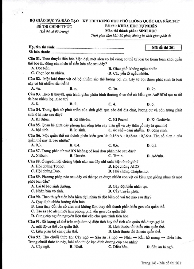 Đề và đáp án môn Sinh học mã đề 201 thi THPT quốc gia năm 2017 - đáp án của bộ GD-ĐT