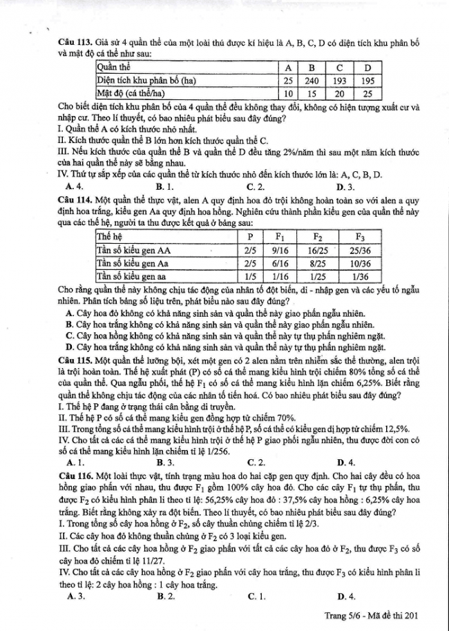 Đề và đáp án môn Sinh học mã đề 201 thi THPT quốc gia năm 2017 - đáp án của bộ GD-ĐT