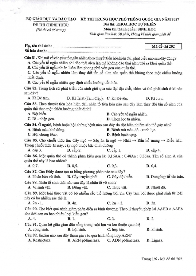 Đề và đáp án môn Sinh học mã đề 202 thi THPT quốc gia năm 2017 - đáp án của bộ GD-ĐT