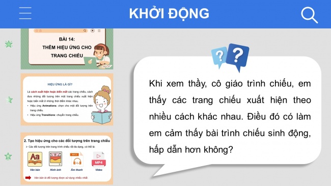 Soạn giáo án điện tử tin học 4 cánh diều Chủ đề E1 Bài 3: Hiệu ứng chuyển trang chiếu