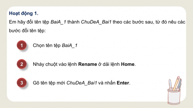 Soạn giáo án điện tử tin học 4 cánh diều Chủ đề C2 Bài 1: Tạo và xoá thư mục, đổi tên và xoá tệp