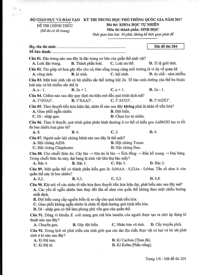 Đề và đáp án môn Sinh học mã đề 204 thi THPT quốc gia năm 2017 - đáp án của bộ GD-Đ4