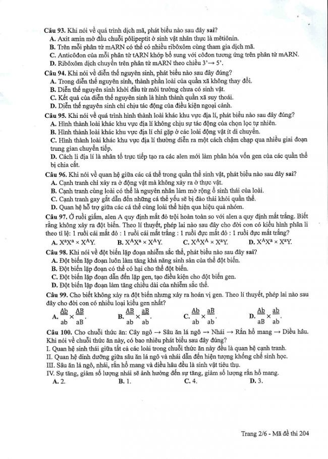 Đề và đáp án môn Sinh học mã đề 204 thi THPT quốc gia năm 2017 - đáp án của bộ GD-Đ4