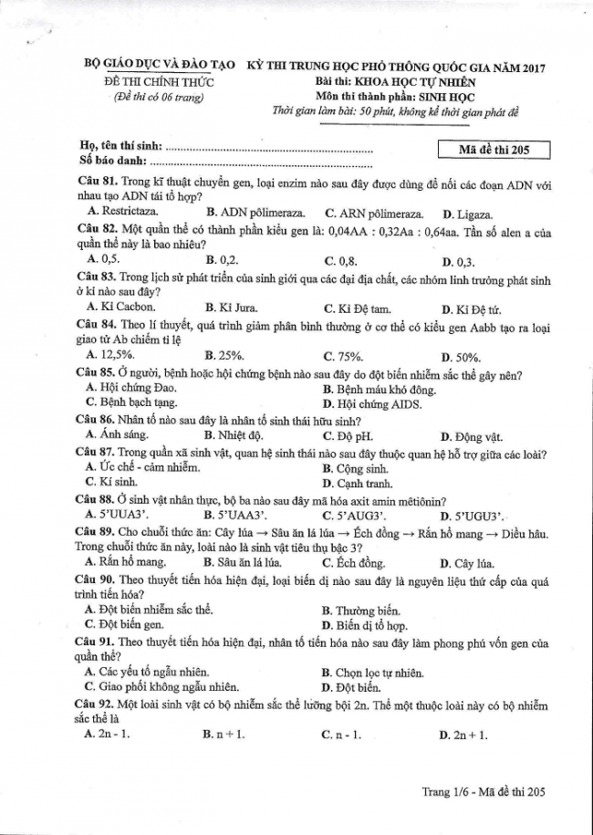 Đề và đáp án môn Sinh học mã đề 205 thi THPT quốc gia năm 2017 - đáp án của bộ GD-ĐT