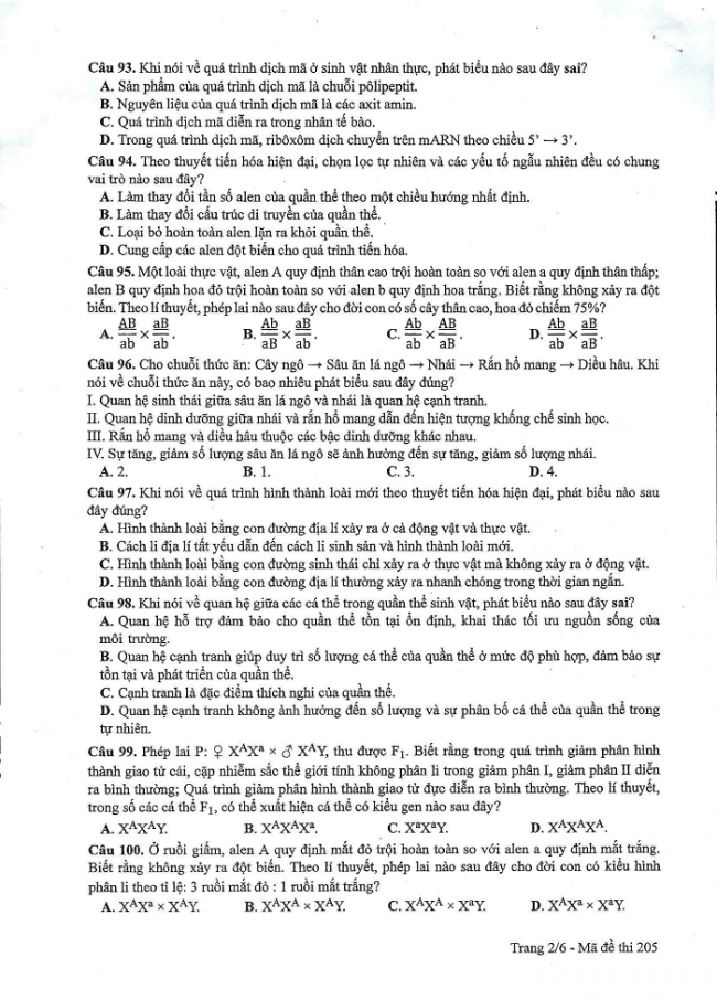 Đề và đáp án môn Sinh học mã đề 205 thi THPT quốc gia năm 2017 - đáp án của bộ GD-ĐT