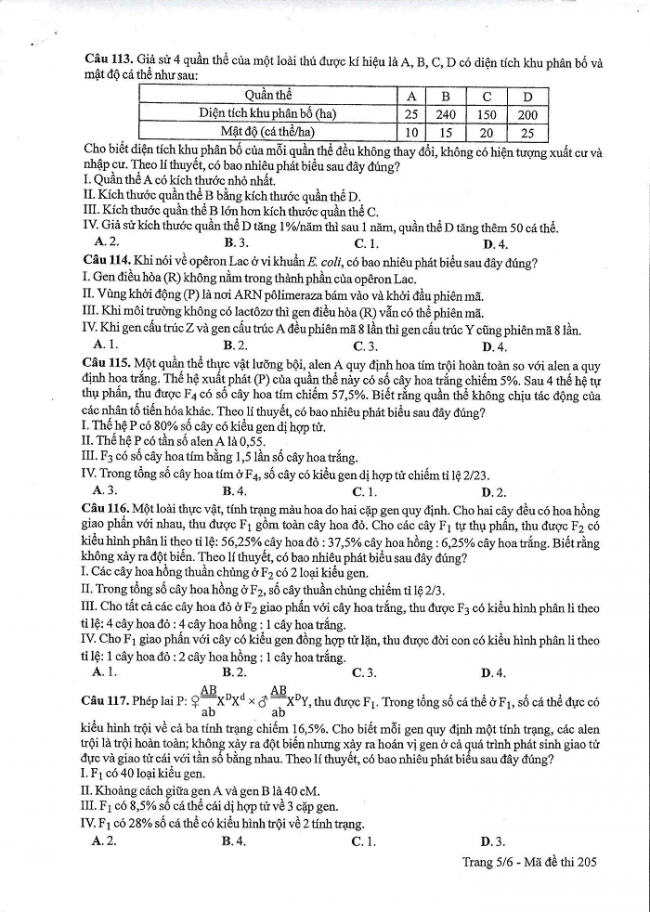 Đề và đáp án môn Sinh học mã đề 205 thi THPT quốc gia năm 2017 - đáp án của bộ GD-ĐT