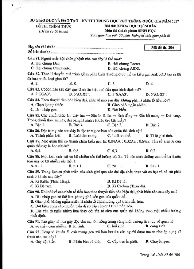 Đề và đáp án môn Sinh học mã đề 206 thi THPT quốc gia năm 2017 - đáp án của bộ GD-ĐT