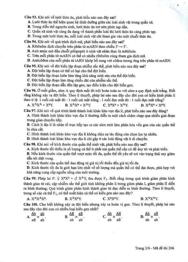 Đề và đáp án môn Sinh học mã đề 206 thi THPT quốc gia năm 2017 - đáp án của bộ GD-ĐT