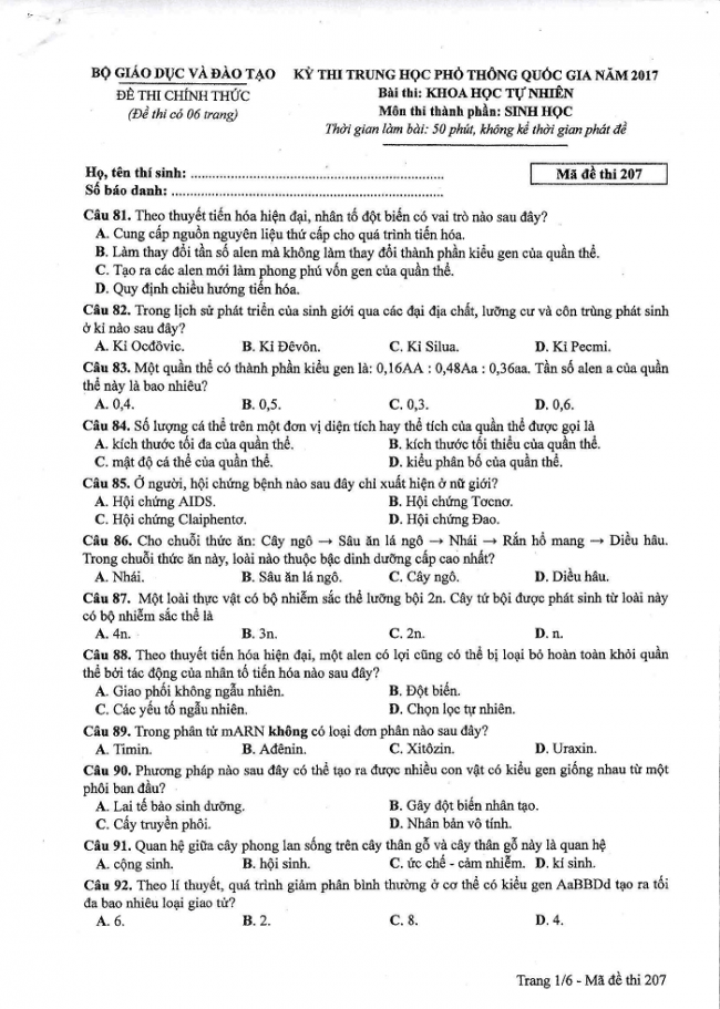 Đề và đáp án môn Sinh học mã đề 207 thi THPT quốc gia năm 2017 - đáp án của bộ GD-ĐT
