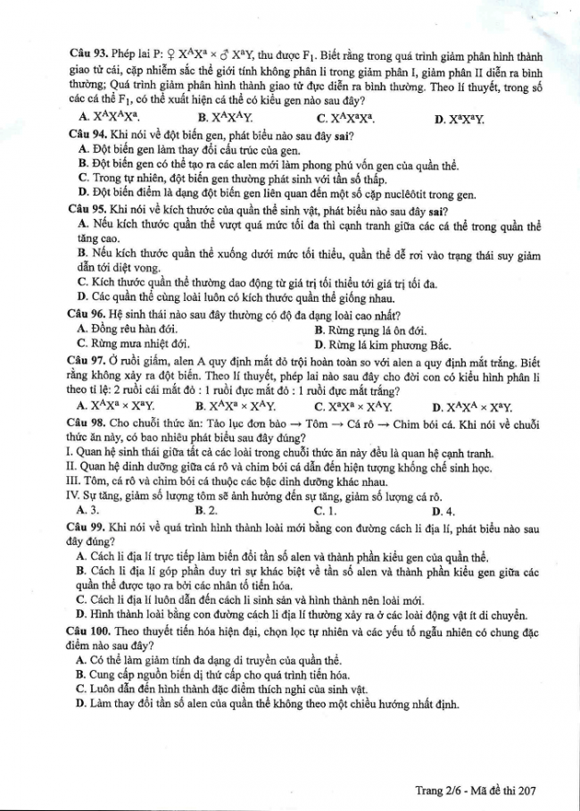 Đề và đáp án môn Sinh học mã đề 207 thi THPT quốc gia năm 2017 - đáp án của bộ GD-ĐT