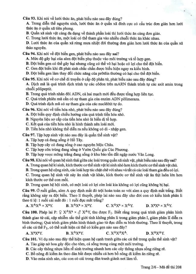 Đề và đáp án môn Sinh học mã đề 208 thi THPT quốc gia năm 2017 - đáp án của bộ GD-ĐT