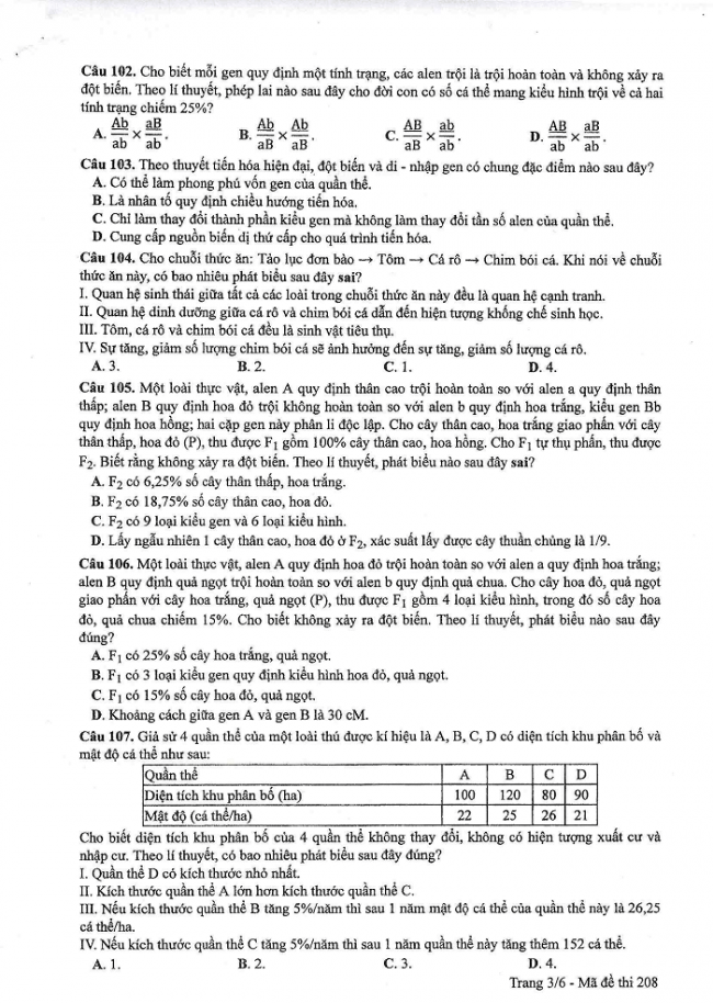 Đề và đáp án môn Sinh học mã đề 208 thi THPT quốc gia năm 2017 - đáp án của bộ GD-ĐT