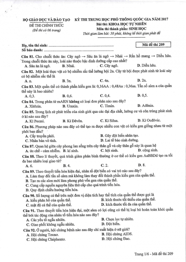 Đề và đáp án môn Sinh học mã đề 209 thi THPT quốc gia năm 2017 - đáp án của bộ GD-ĐT
