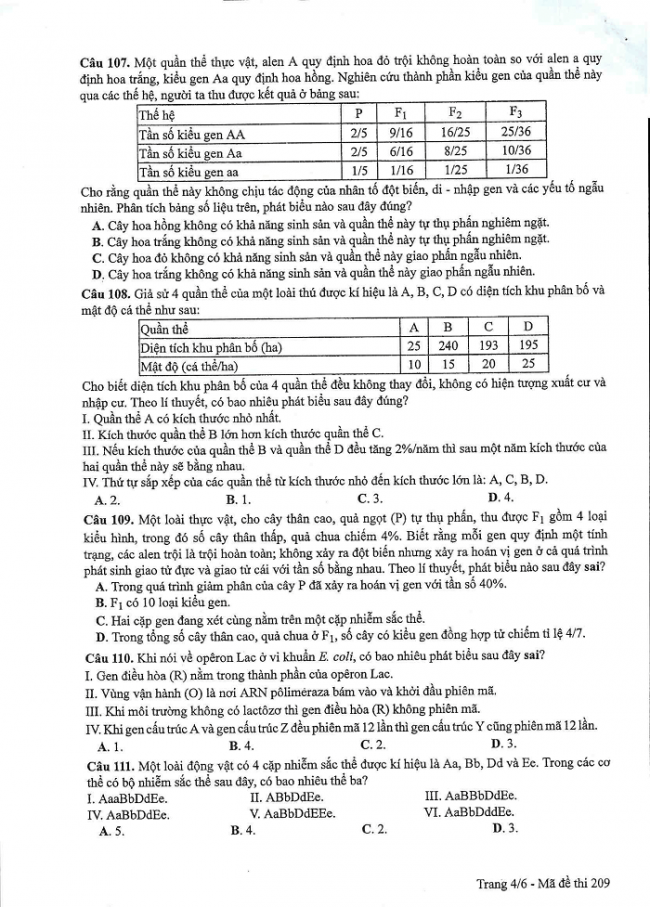 Đề và đáp án môn Sinh học mã đề 209 thi THPT quốc gia năm 2017 - đáp án của bộ GD-ĐT