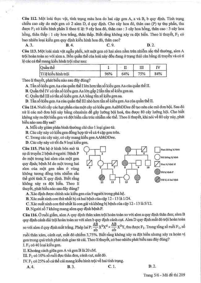 Đề và đáp án môn Sinh học mã đề 209 thi THPT quốc gia năm 2017 - đáp án của bộ GD-ĐT