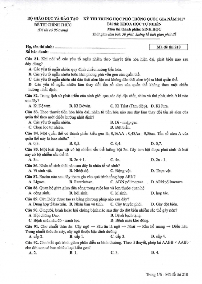 Đề và đáp án môn Sinh học mã đề 210 thi THPT quốc gia năm 2017 - đáp án của bộ GD-ĐT