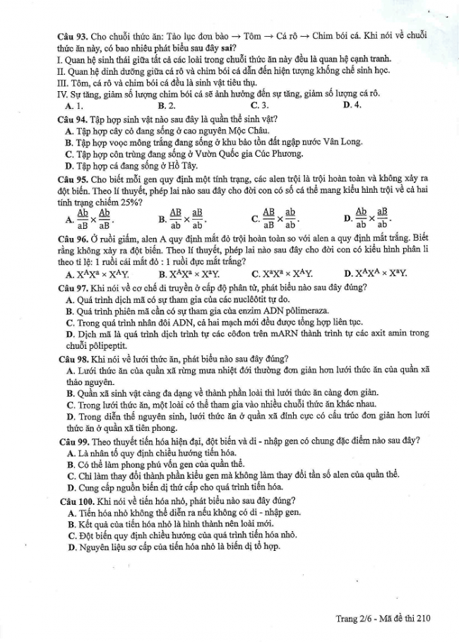 Đề và đáp án môn Sinh học mã đề 210 thi THPT quốc gia năm 2017 - đáp án của bộ GD-ĐT