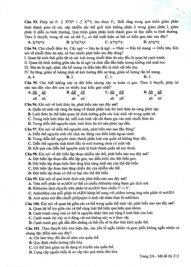 Đề và đáp án môn Sinh học mã đề 212 thi THPT quốc gia năm 2017 - đáp án của bộ GD-ĐT