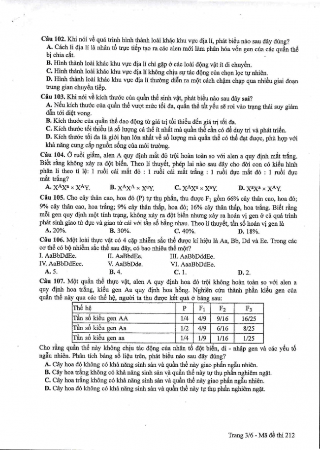 Đề và đáp án môn Sinh học mã đề 212 thi THPT quốc gia năm 2017 - đáp án của bộ GD-ĐT