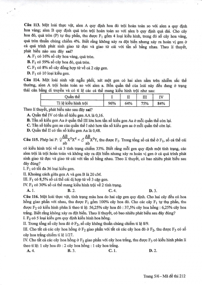 Đề và đáp án môn Sinh học mã đề 212 thi THPT quốc gia năm 2017 - đáp án của bộ GD-ĐT