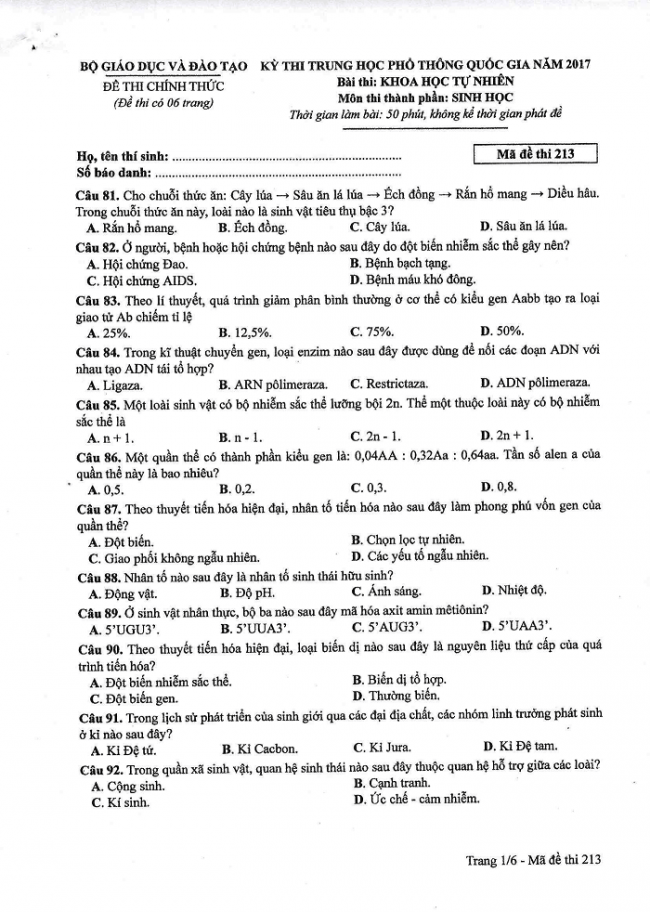 Đề và đáp án môn Sinh học mã đề 213 thi THPT quốc gia năm 2017 - đáp án của bộ GD-ĐT