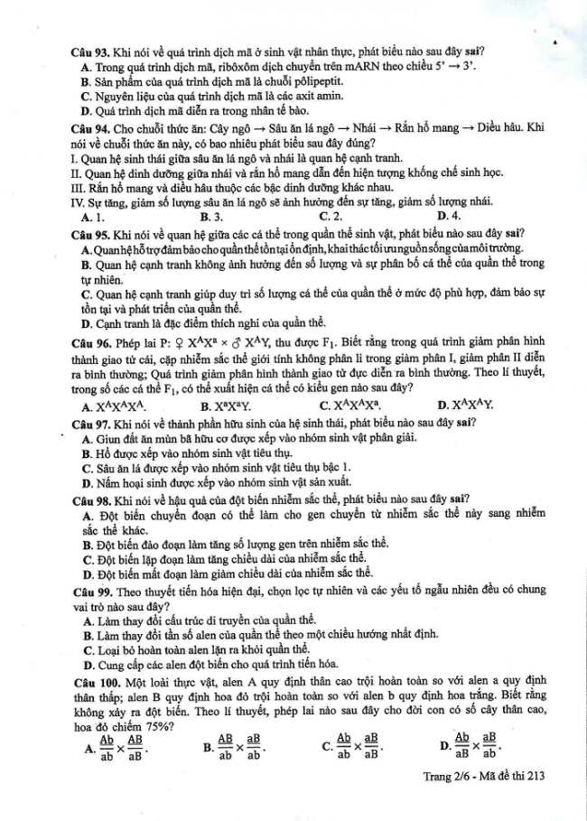 Đề và đáp án môn Sinh học mã đề 213 thi THPT quốc gia năm 2017 - đáp án của bộ GD-ĐT