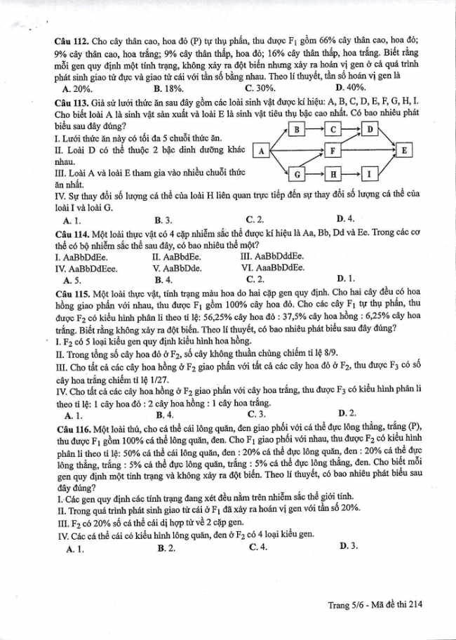 Đề và đáp án môn Sinh học mã đề 214 thi THPT quốc gia năm 2017 - đáp án của bộ GD-ĐT