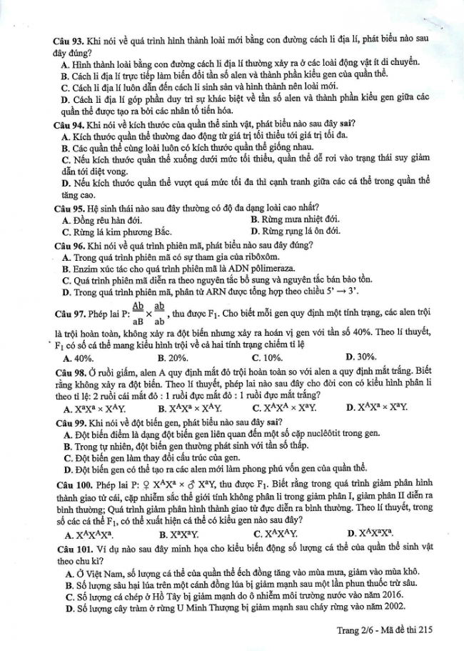 Đề và đáp án môn Sinh học mã đề 215 thi THPT quốc gia năm 2017 - đáp án của bộ GD-ĐT