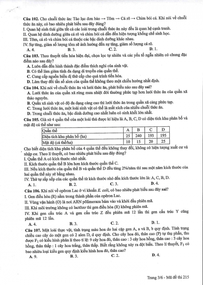 Đề và đáp án môn Sinh học mã đề 215 thi THPT quốc gia năm 2017 - đáp án của bộ GD-ĐT