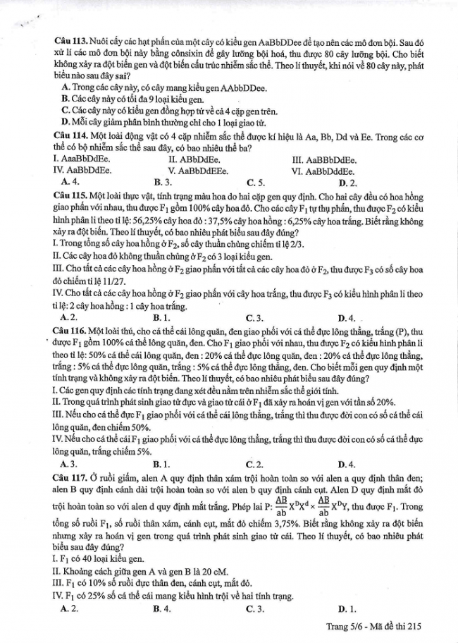 Đề và đáp án môn Sinh học mã đề 215 thi THPT quốc gia năm 2017 - đáp án của bộ GD-ĐT