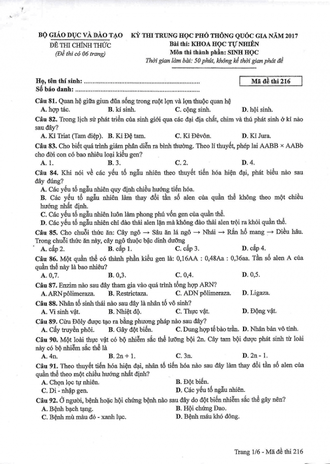 Đề và đáp án môn Sinh học mã đề 216 thi THPT quốc gia năm 2017 - đáp án của bộ GD-ĐT
