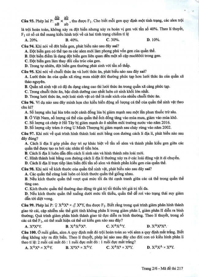 Đề và đáp án môn Sinh học mã đề 217 thi THPT quốc gia năm 2017 - đáp án của bộ GD-ĐT