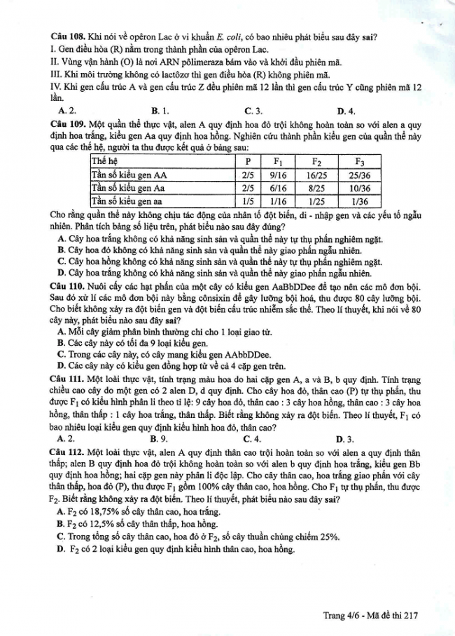 Đề và đáp án môn Sinh học mã đề 217 thi THPT quốc gia năm 2017 - đáp án của bộ GD-ĐT