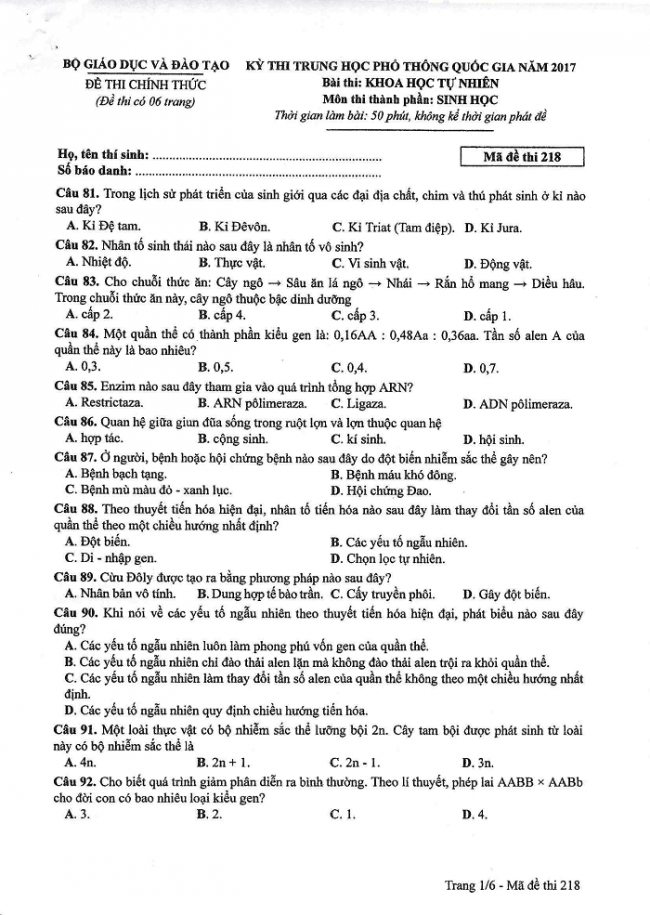 Đề và đáp án môn Sinh học mã đề 218 thi THPT quốc gia năm 2017 - đáp án của bộ GD-ĐT
