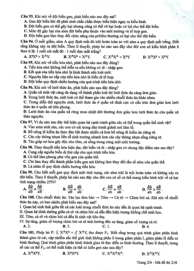 Đề và đáp án môn Sinh học mã đề 218 thi THPT quốc gia năm 2017 - đáp án của bộ GD-ĐT