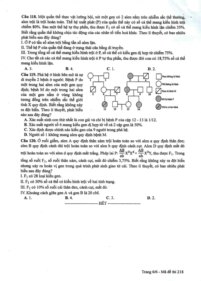 Đề và đáp án môn Sinh học mã đề 218 thi THPT quốc gia năm 2017 - đáp án của bộ GD-ĐT